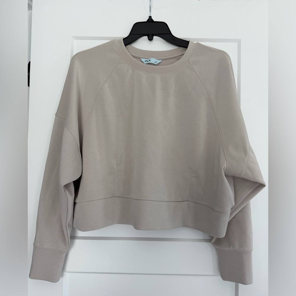 EUC FLX Women’s Taupe Butter Soft Cropped Sweatshirt - Relaxed Crewneck,‎ Large